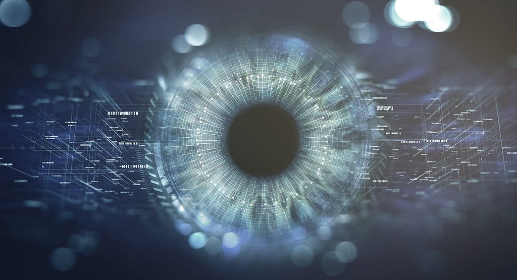 MoonVision AI eye visualizes digital data streams and machine vision technology.