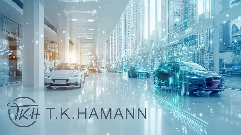 Futuristic connected car showroom with digital mobility data and consulting innovation.