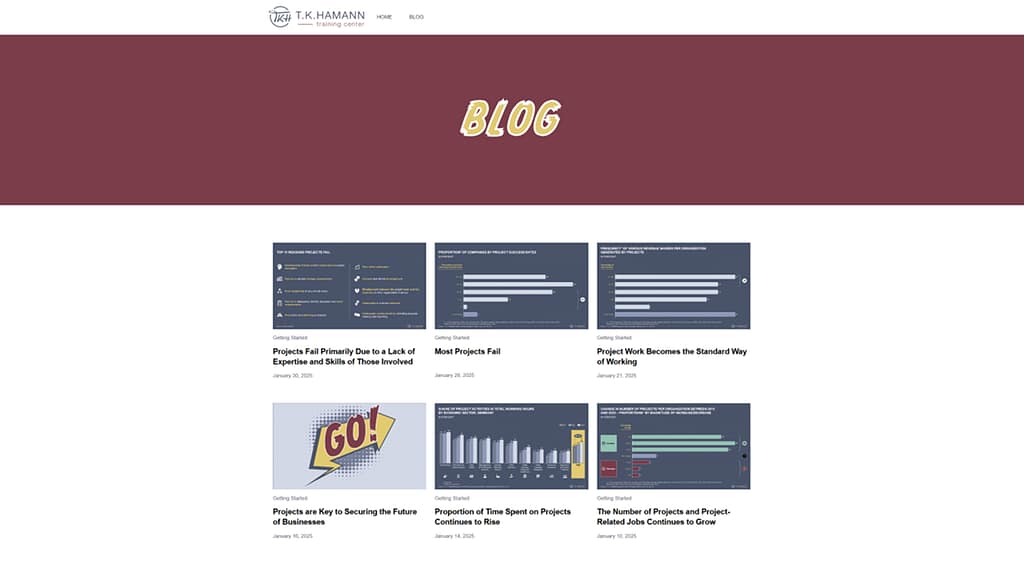 T. K. HAMANN training center's blog press and news page with article preview grid.