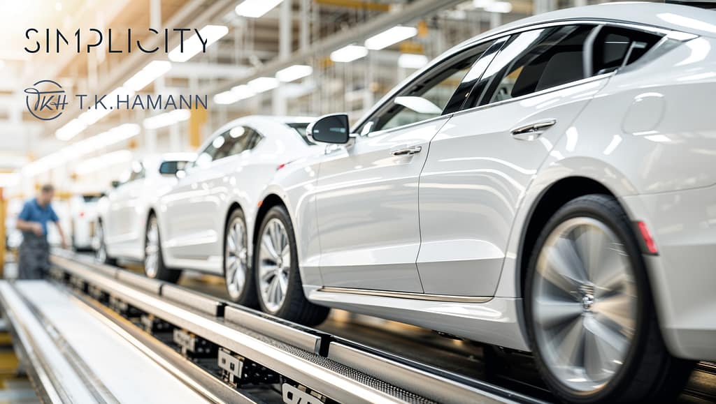 White sedans on modern automotive assembly line for SIMPLICITY Management Consulting.