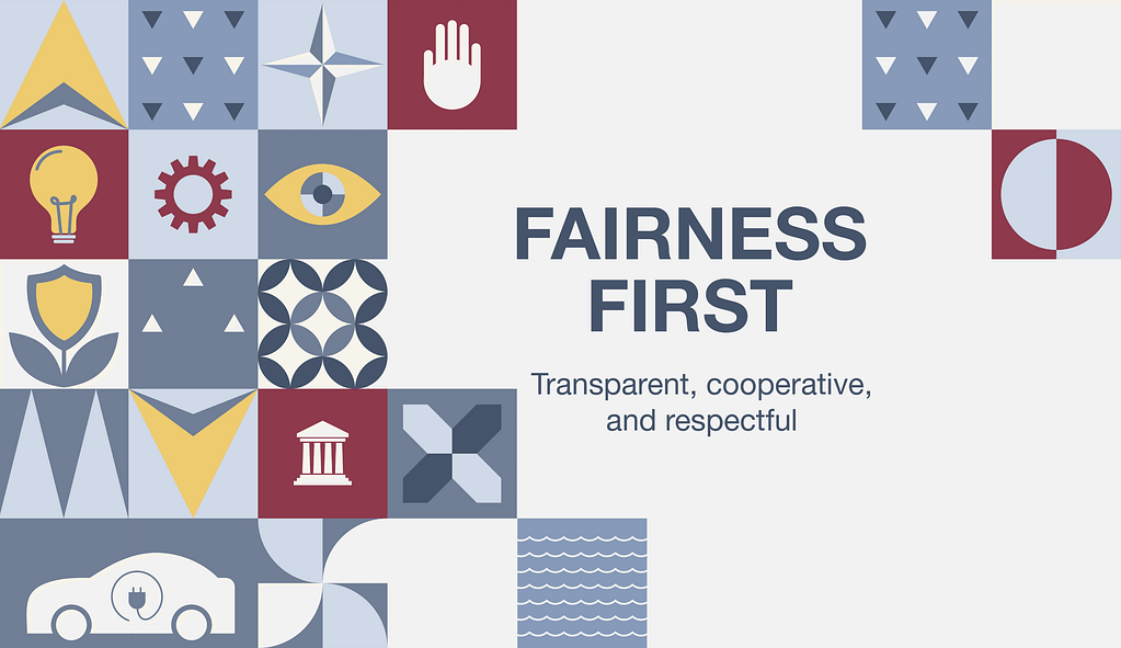 Fairness First Award graphic with transparency, cooperation, and respect icons.