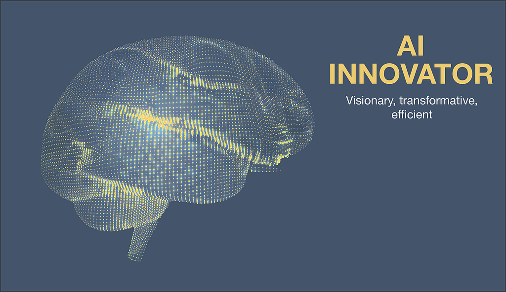 AI Innovator Award graphic with glowing digital brain and futuristic neural network.