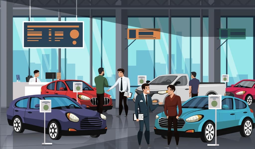 Illustration of a modern digital car dealership showroom with salespeople, customers, and new vehicles.