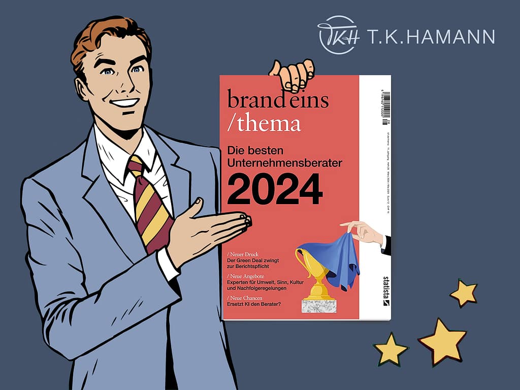 Best Consultants Germany 2024 brand eins award illustration with businessman presenting magazine.