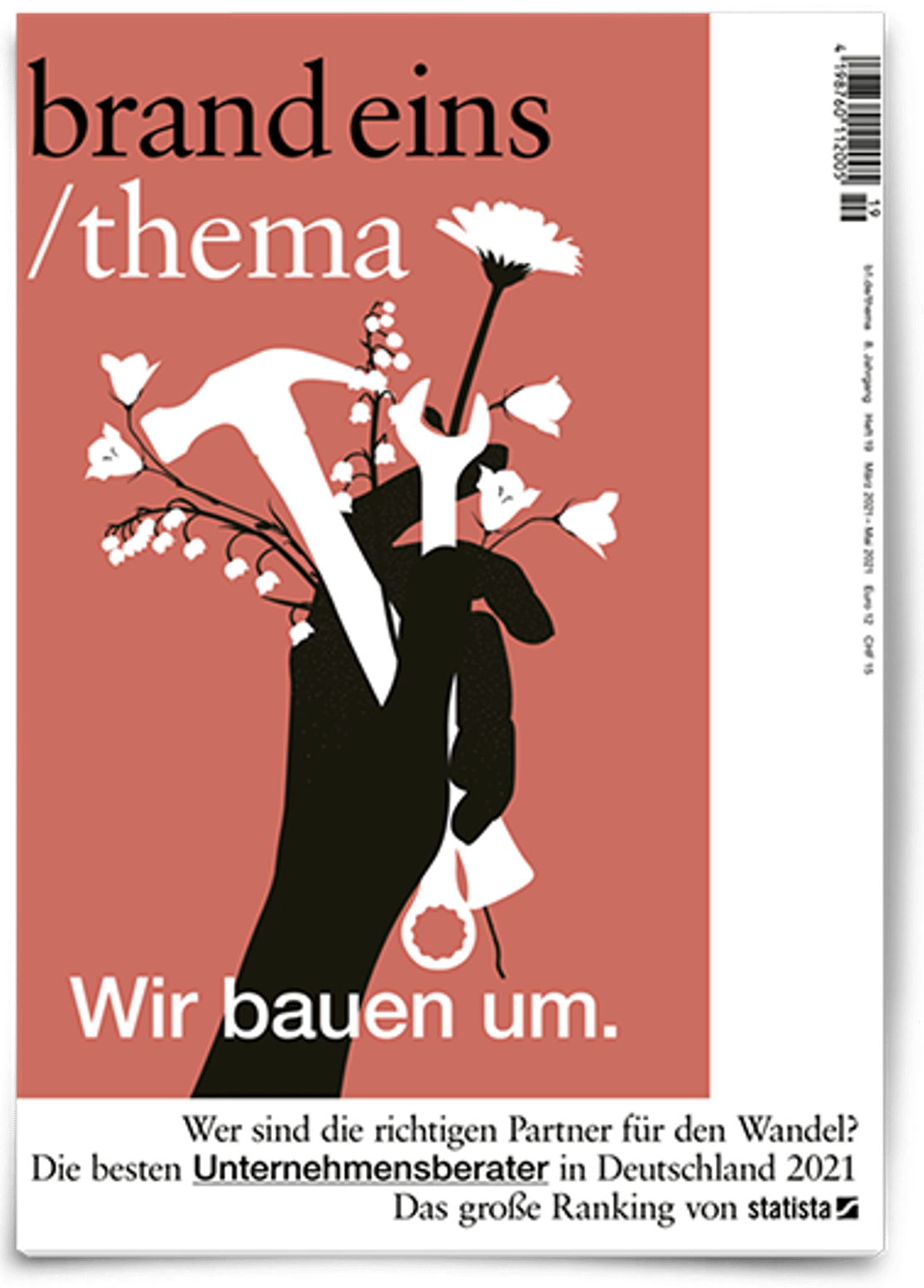 brand eins thema best business consultants 2021 cover with hand holding flowers.
