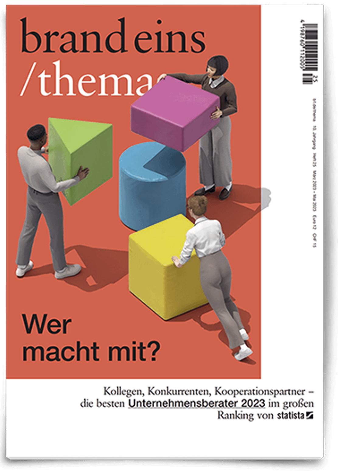 brand eins thema cover showing consultants collaborating with colorful geometric business strategy blocks.