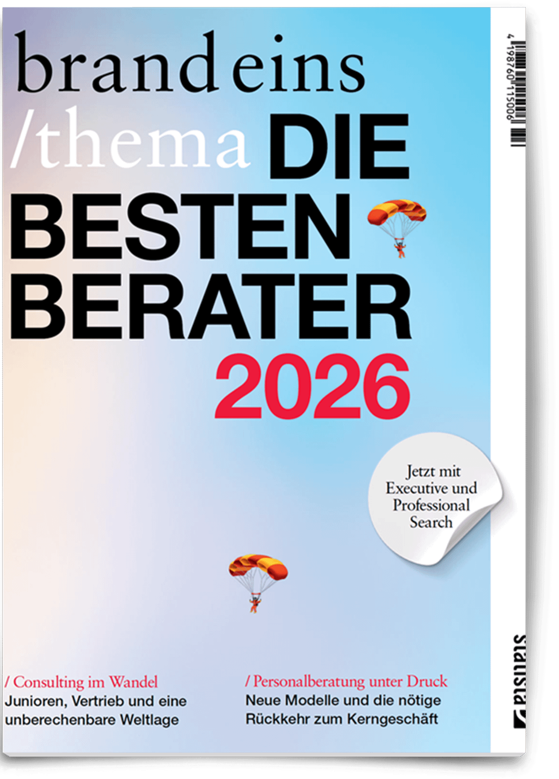 brand eins Thema 2026 best business consultants magazine cover with parachute illustration.
