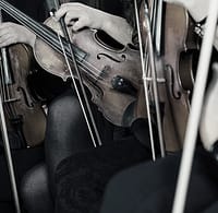 Orchestra string musicians performing with violins, bows, and classical music culture.