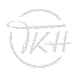 TKH monogram logo in silver gray on black with broken circle.