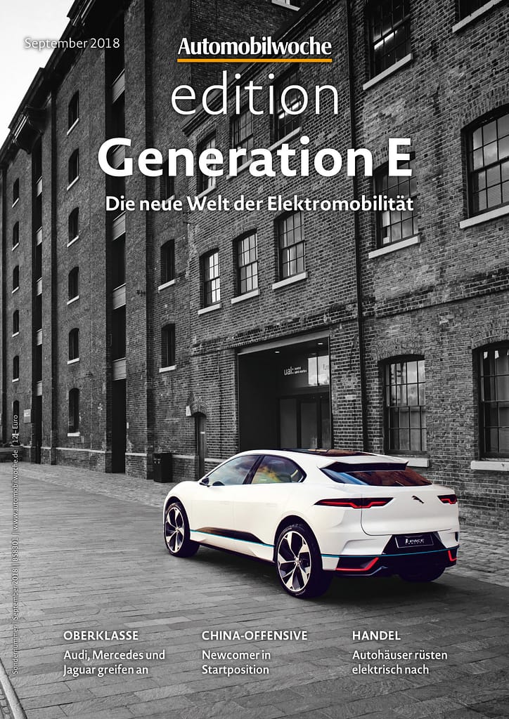 Automobilwoche Generation E electric car magazine cover in urban warehouse district.