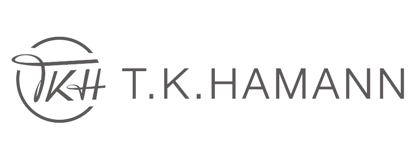 T. K. HAMANN modern horizontal corporate logo with circular monogram in dark gray.