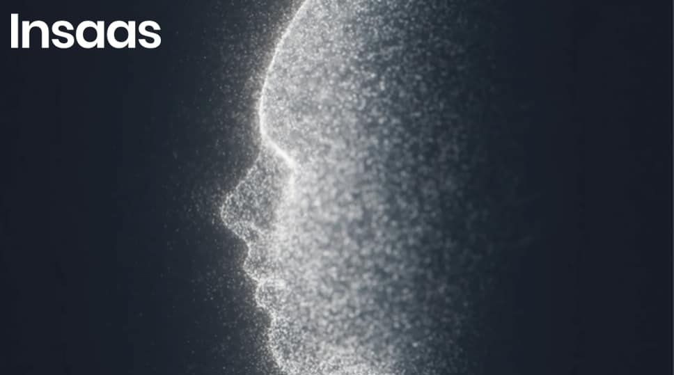 AI digital human profile formed from glowing data particles with Insaas corporate logo.